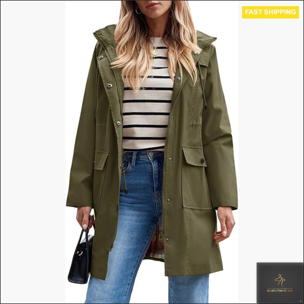 Waterproof Trench Coat Hooded Windbreaker Lightweight Rain Jacket Chic Classic
